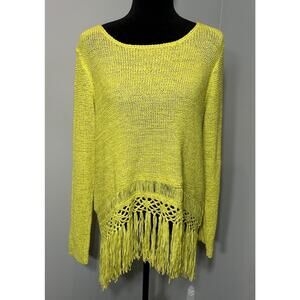 Lime Green Sweater Fringe Hem Bright Size Large~Boho Festival Arts Boston Proper